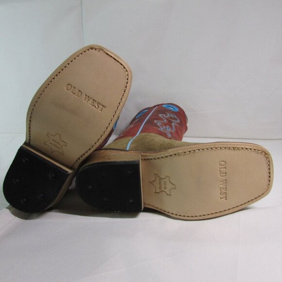 Old West Kid's Square Toe Suede Western Boots Camel/Red 8206 - Picture 4 of 4